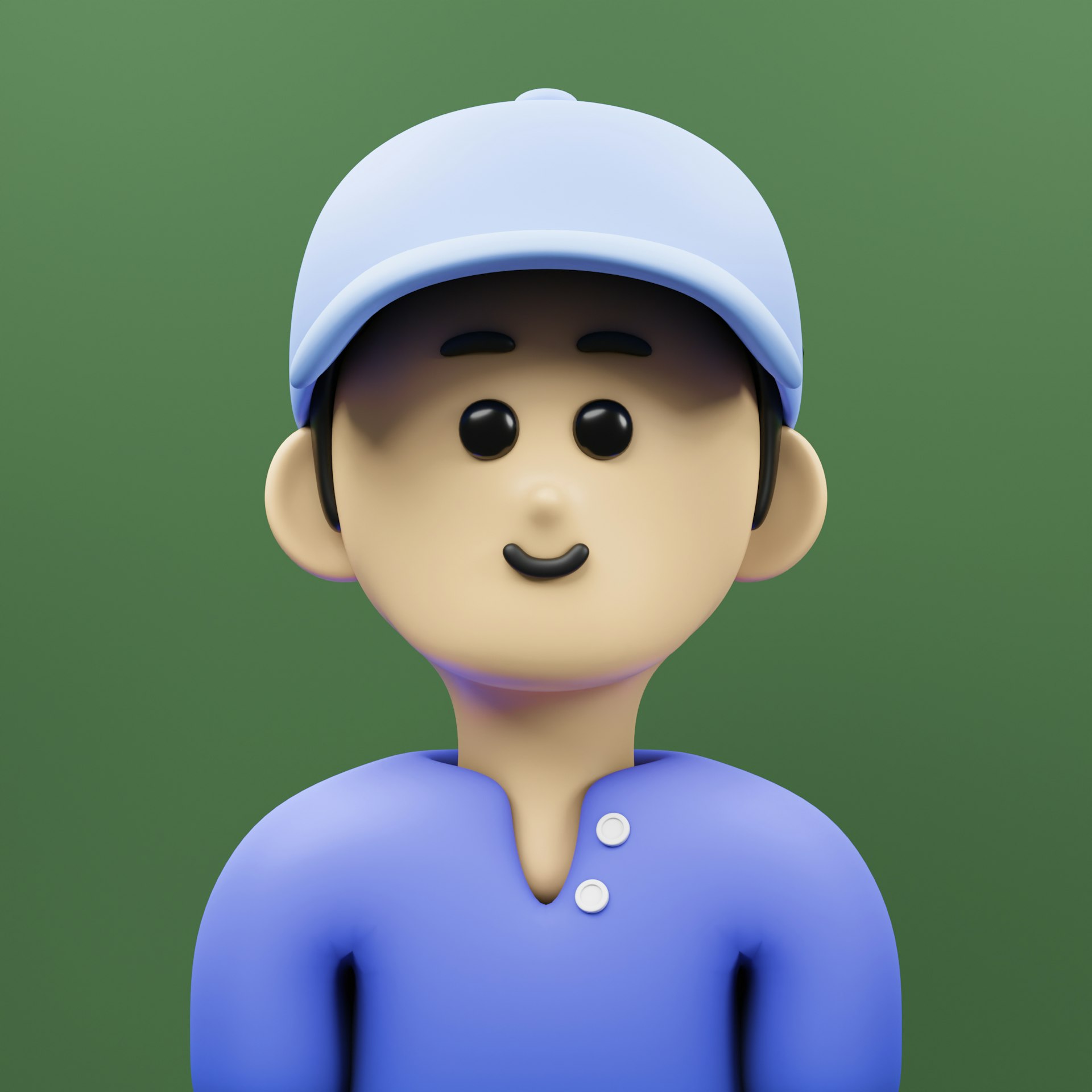 A cartoon character wearing a blue shirt and a blue hat